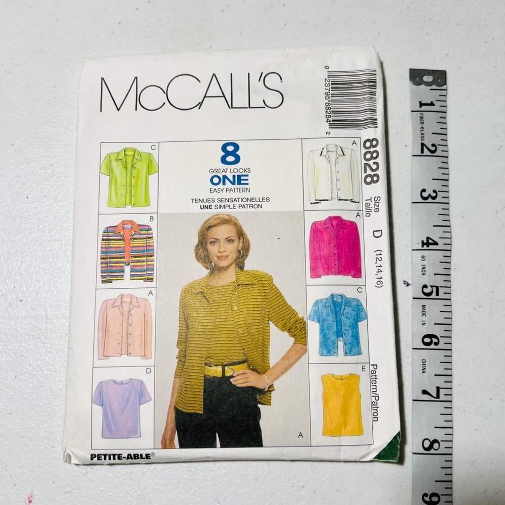 Vintage McCall’s 8828 Women’s Shirt Top Sewing Pattern Size 12 14 16 Petite-Able